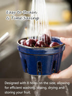 Gomakren Ceramic Berry Basket Set of 2, Round Fruit Bowl with Holes, Small Fruit Basket Containers for Kitchen Counter, Berries, Strawberry, Grape, Cherry - Cobalt Blue