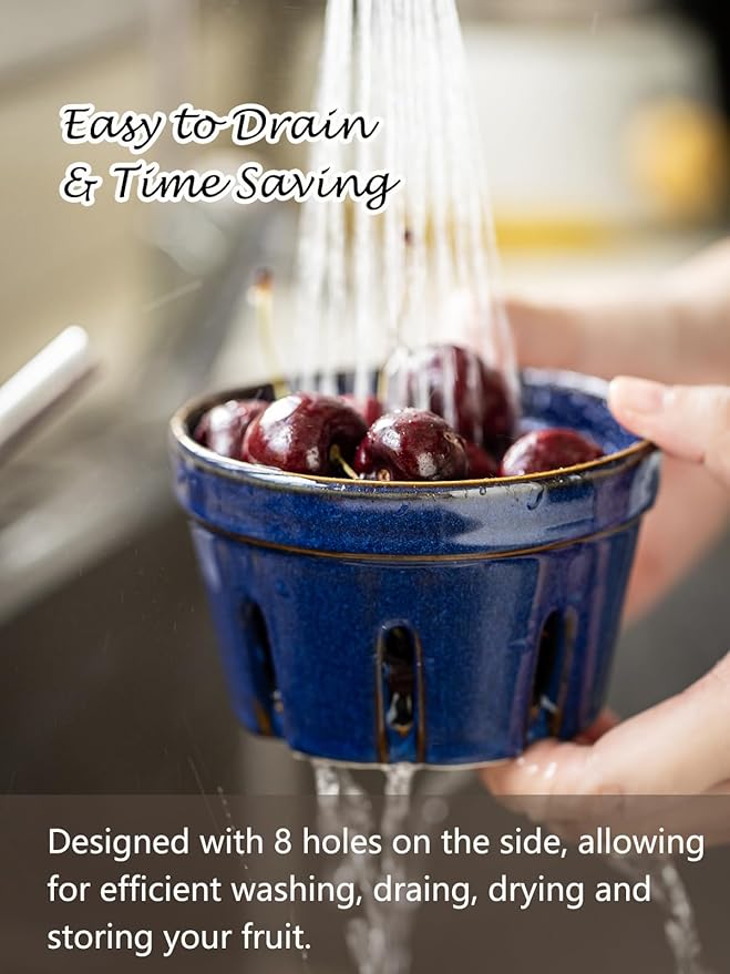 Gomakren Ceramic Berry Basket Set of 2, Round Fruit Bowl with Holes, Small Fruit Basket Containers for Kitchen Counter, Berries, Strawberry, Grape, Cherry - Cobalt Blue