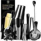 Black Cocktail Shaker Set 12-Piece - Stainless Steel Mixology Bartender Kit with 30oz+20oz Boston Shaker Tins, Japanese Jigger, Hawthorne Strainer and Bar Set for Home Bartending | Housewarming Gift