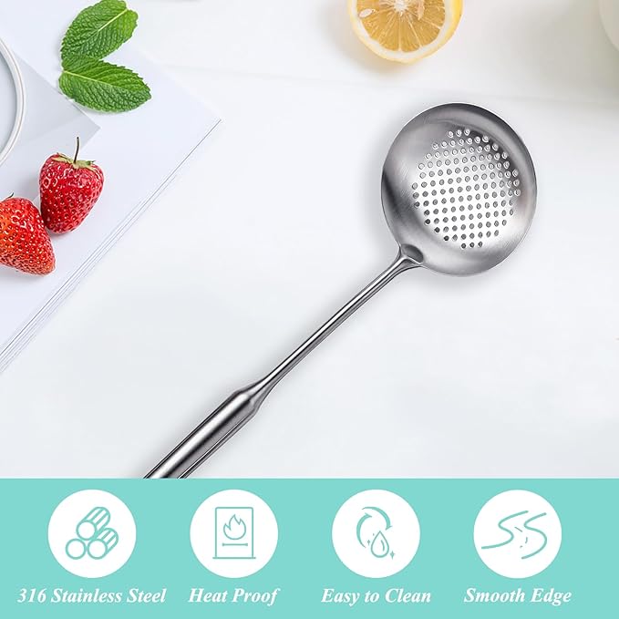 Slotted Spoon, Stainless Steel Strainer Metal Skimmer Spoon for Cooking, Long Handle Food Strainer, Kitchen Utensil Large Fryer Scoop Spoon with Holes for Draining Stirring Serving Frying