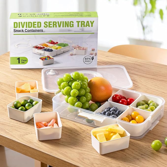 LUXEAR Divided Serving Tray with Lid and Handle Snack Box Charcuterie Container Dishwasher Safe 8 Compartment Snack Platters Portable Clear Organizer for Fruits, Candy, Snacks, Picnic, Travel
