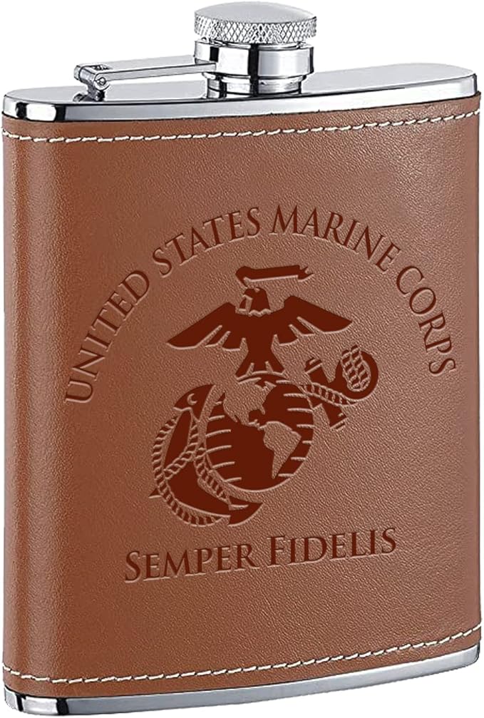 Leather USMC 8 oz Flask | Stainless Steel | USMC Leather Flask