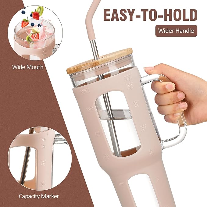 Glass Tumbler with Lid and Straw, 46 oz Iced Coffee Cup with Handle, Large Water Bottles with Silicone Sleeve, Glass Cup with Straws - Pearl Straw & Drinking Straw BPA Free-Amber