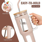 Glass Tumbler with Lid and Straw, 46 oz Iced Coffee Cup with Handle, Large Water Bottles with Silicone Sleeve, Glass Cup with Straws - Pearl Straw & Drinking Straw BPA Free-Amber