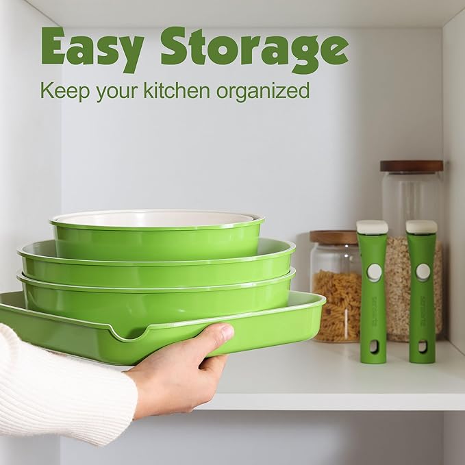 SENSARTE 17 Piece Ceramic Pots and Pans Set, Nonstick Detachable Handle Cookware, Induction Kitchen Cookware Set with Removable Handle, Dishwasher ＆ Oven Safe (Green)