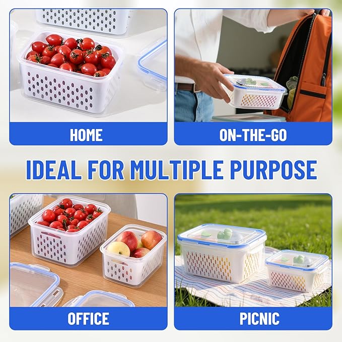 Large Fruit Containers for Fridge - Leakproof Food Storage Containers with Removable Colander - Dishwasher safe Produce Containers Keep Fruits, Vegetables, Berry, Meat Fresh longer (2)