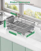 Dish Drying Rack, Stainless Steel Drainer Rack with Drainboard with Smart Drainage System, Space Saving Dish Strainer for Kitchen Counter with Cutlery Holder, Grey