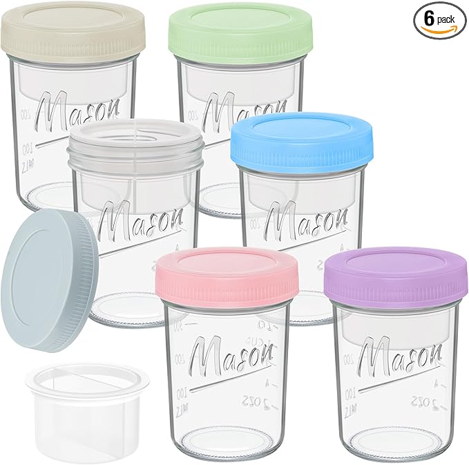 16 oz Overnight Oats Containers with Lids, 6-Pack Leak-Proof Wide Mouth Mason Jars & Separate Compartments for Fruits/Nuts, Airtight Glass Jars for Chia Pudding, Yogurt, Parfait and Salad