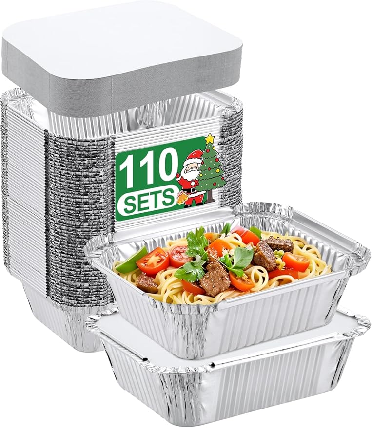 110 Pack 5x4 Disposable Small Aluminum Pans with Cardboard Lids - 1lb-Mini-Aluminum-Foil-Pans-Tin-Foil-Takeout-Trays-Food-To-Go-Containers-for-Meal-Prep-Cooking-Roasting-Heating-Baking