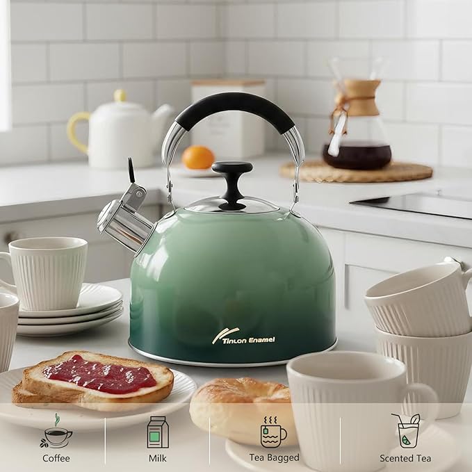 Tea Kettle Stovetop,Stainless Steel Whistling Tea Kettle For Stove Top, 2.5 Qt Tea Pot With Folding Handle, Food Grade Water Teapot Water Kettle For Stove Home Camping Travel,Gradient Green
