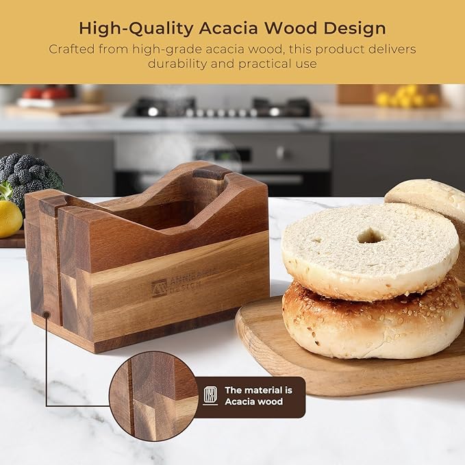 Annie & Mia Design Premium Acacia Wood Bagel Slicer For Large Bagel Stylish Hand Crafted Wood Bagel Cutter With Ergonomic Designed Handle Grip