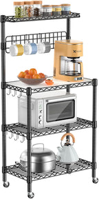 Leteuke Bakers Rack with Storage for Kitchen, NSF Certified 4-Tier Adjustable Coffee Cart Station with Wheels 10 S-Hooks Microwave Stand Kitchen Storage Shelf Metal Storage Rack 30 x 14 x 59 Inches, B