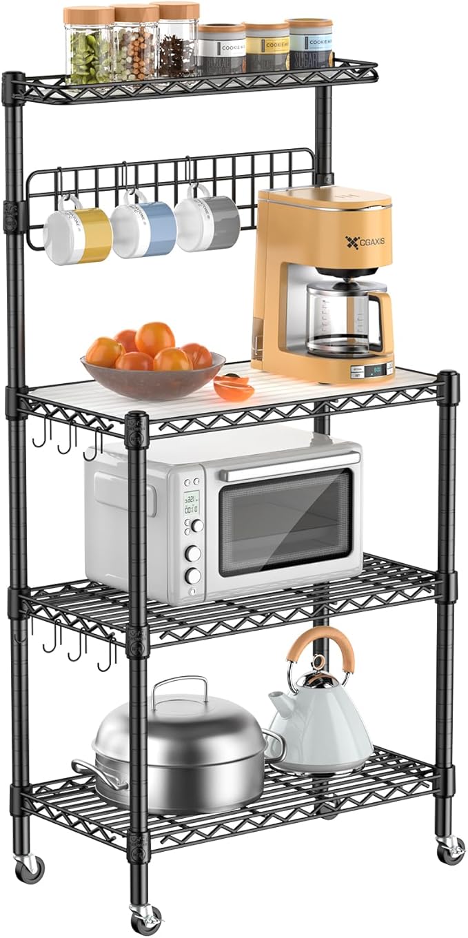 Leteuke Bakers Rack with Storage for Kitchen, NSF Certified 4-Tier Adjustable Coffee Cart Station with Wheels 10 S-Hooks Microwave Stand Kitchen Storage Shelf Metal Storage Rack 30 x 14 x 59 Inches, B