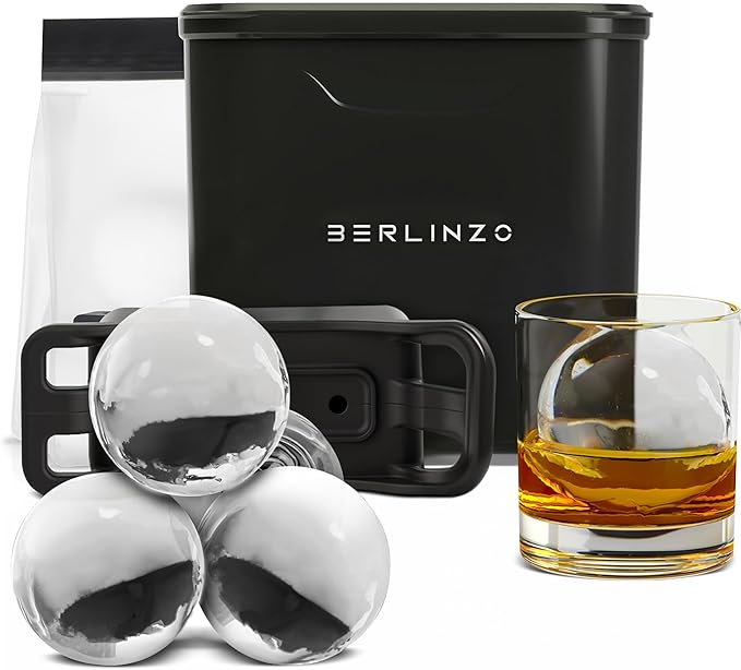 Berlinzo Premium Clear Ice Ball Maker Mold - 2 Large 2.4" Crystal Clear Ice Balls for Whiskey, Cocktails & Bourbon, Easy-to-Remove Ice Sphere Mold - Storage Bag Included (Non-Electric)