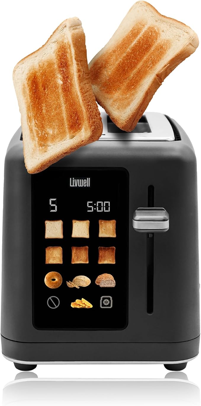 Livwell Matte 2-Slice Smart Touch Toaster with Color Screen Display - Kitchen Gifts - 6 Browning Levels, Timer Countdown, Adjustable Settings for Bagels, Gluten-Free & Multigrain Bread (Matte Black)