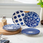 Ceramic Dessert Plates Set - 6 Inch Small Appetizer Plates for Kitchen - Salad Plate for Cake Snacks Side Dish, Microwave Dishwasher Safe, Gift, Vintage Blue