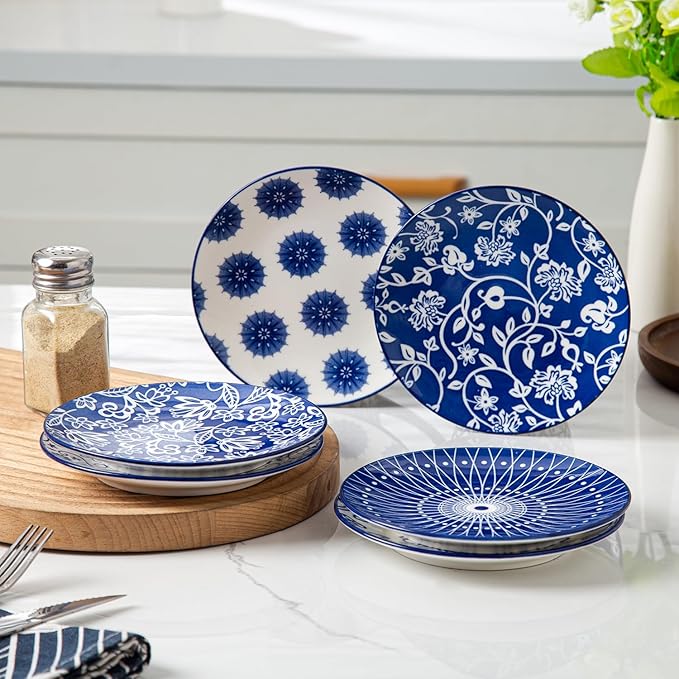 Ceramic Dessert Plates Set - 6 Inch Small Appetizer Plates for Kitchen - Salad Plate for Cake Snacks Side Dish, Microwave Dishwasher Safe, Gift, Vintage Blue