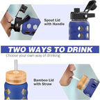 MUKOKO Glass Water Bottles, 32oz Glass Tumbler with Straw, Drinking Bottles with 2 Lids-Handle Spout Lid&Bamboo Straw Lid, Motivational Water Bottle with Time Marker and Silicone Sleeve, 1 Pack-Blue