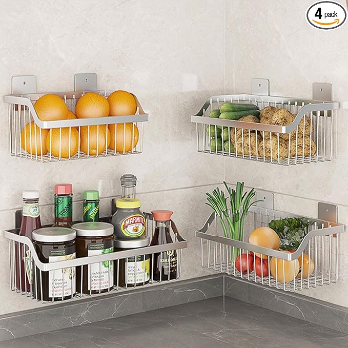 Wire Baskets, SUS304 Stainless Steel Storage Baskets, Durable Wire Baskets for Storage Wall Mount, Hanging Wire Baskets Wall Mount Baskets for Kitchen, Bathroom, Closets, Countertop - 4 Set