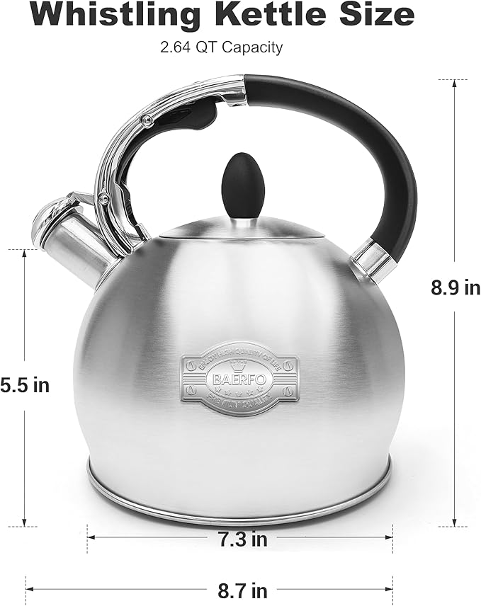 Stainless Steel Tea Kettle, Tea Kettles Stovetop, Vintage Whistling Teapot for Stove, Durable and Rust-Resistant, With a Pot Holder Included, 2.64 Quart(Brushed Style)