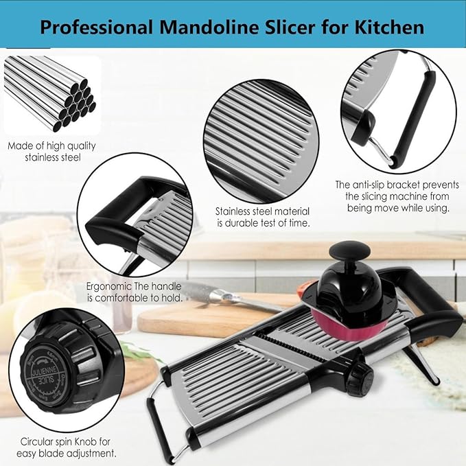 Adjustable Mandoline Slicer for Vegetables, Fruits, Stainless Steel with Cut-Resistant Gloves, Black/Silver