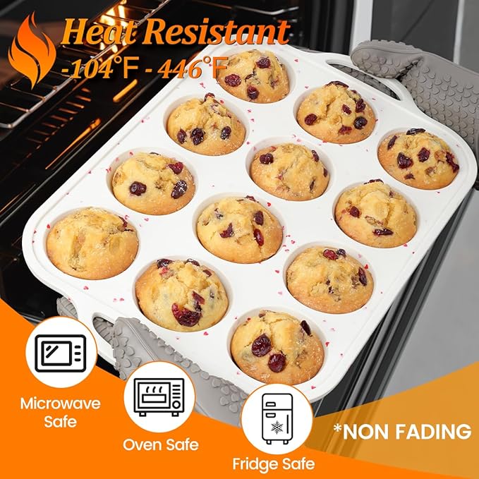 Silicone Muffin Pan, Metal Reinforced Frame Silicone Cupcake Pan Easy to Handle 12 Cups for Valentine's Day Baking Nonstick Regular Size Muffin Tin 1 Pack Love Heart