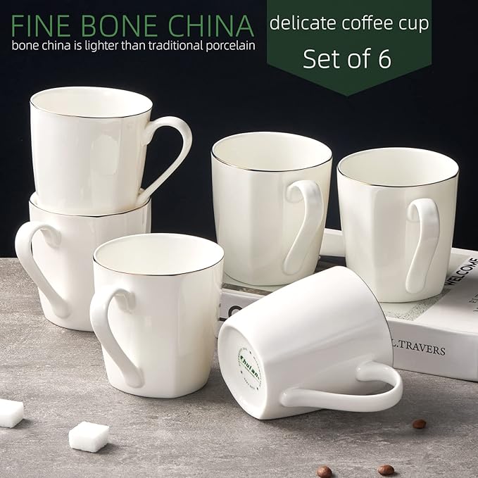 Bone China Coffee Mugs, 10oz Espresso Cups, Lightweight Porcelain White Coffee Mugs, Ceramic Tea Cups with Gold Trim Set of 6, Microwave safe(Moonliaght)