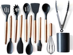 Silicone Cooking Utensil Set,12 PCS Cooking Cookware Kitchen Utensils Set, Nonstick 446°F Heat-Resistant Cookware Kitchen Tools of Spatula,Turner Tongs,Spoon,Brush,Whisk,（gray）
