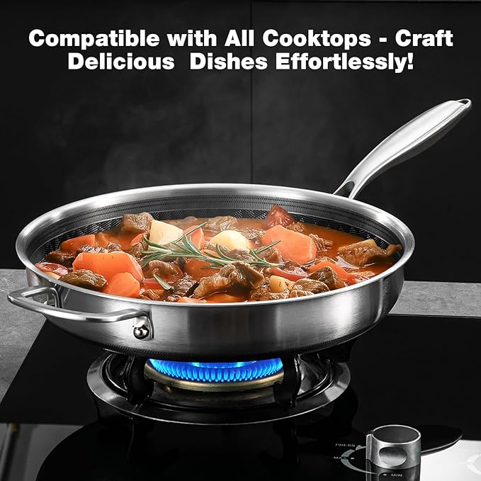 12-Inch Non Stick Frying Pans, NonStick Stainless Steel Pan Set, Tri-Ply Skillets and Pan Set with Lid, Induction Cooker Compatible, Cool-Touch Handle, Dishwasher and Oven Safe