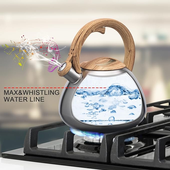 MARSKITOP Tea Pot for Stove Top 2.6 Quart, Stainless Steel Tea Kettle Stovetop Whistling with Stay Cool Handle, Silver