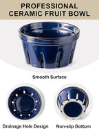 Gomakren Fruit Bowl with Holes, Ceramic Berry Basket Set of 2, 5.8 Inch Round Fruit Storage Containers, Strawberry Baskets, Farmhouse Kitchen Decor - Cobalt Blue