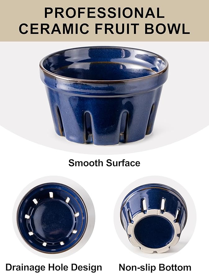 Gomakren Fruit Bowl with Holes, Ceramic Berry Basket Set of 2, 5.8 Inch Round Fruit Storage Containers, Strawberry Baskets, Farmhouse Kitchen Decor - Cobalt Blue