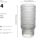 4 Pack Vintage Glassware Drinking Glasses Set, 16 oz Hobnail Glassware, Embossed Clear Water Tumbler, Cocktail Glass Cups for Kitchen and Bar, Perfect for Juice, Iced Coffee, Whiskey, Beer