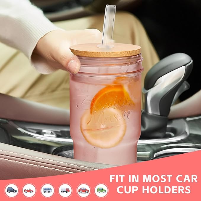 ANOTION Glass Cups with Lids and Straws, 24oz Pink Glass Tumbler Travel Coffee Mug Bamboo Mason Jar Iced Cup Smoothie Tea Clear Cute Water Drinking Jars Glasses