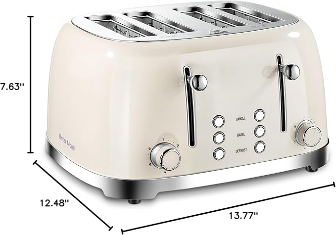 4 Slice Toaster Roter Mond Retro Stainless Steel with Bagel Defrost Cancel Function, 6 Browning Settings, Extre Wide Slot and Removable Crumb Tray, Cream, ST033
