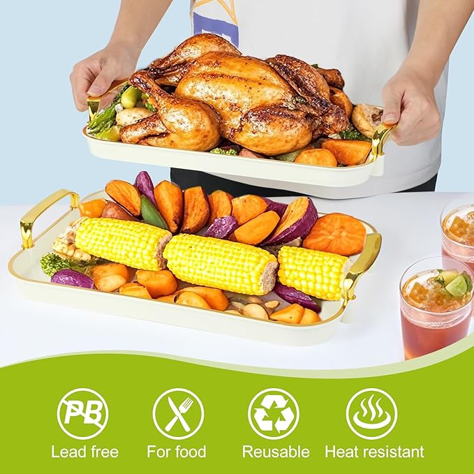 3 Pack Serving Tray with Handles, Stackable Reusable Trays for Serving Food, Plastic Serving Platters for Party, Charcuterie, Fruit, Appetizer, Cream Gold