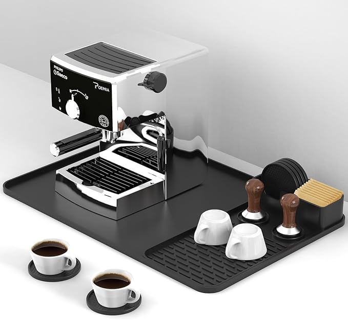 Silicone Coffee Mat with 6 Coasters,24"x16" Counter Bar Mat Fits Under Coffee Maker/Pot & Espresso Machine, Bar Aceessories,Detachable Drying Pad for Tamper,Sugar Packets,Cups & Countertop Protection