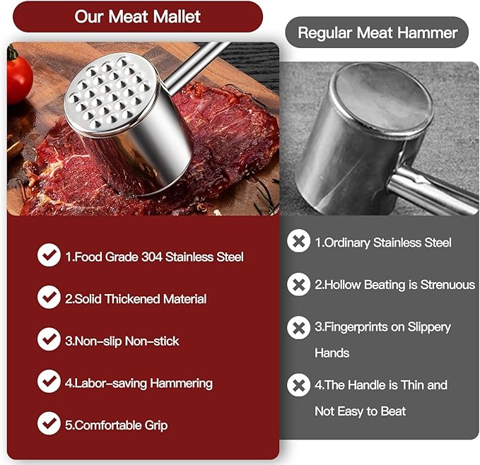 Meat Tenderizer, 304 Stainless Steel Meat Hammer with Wood Handle,Kitchen Meat Mallet for Cooking, Chicken Steak Meat Tenderizer Tool