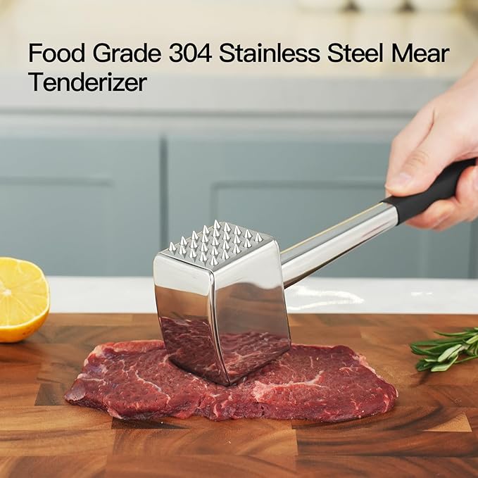 Meat Tenderizer, 304 Stainless Steel Meat Hammer, Heavy Duty Kitchen Meat Mallet,Four-sided Meat Tenderizer Tool, Meat Pounder for Tenderizing Steak, Beef, Chicken, Nut (1.31lb)