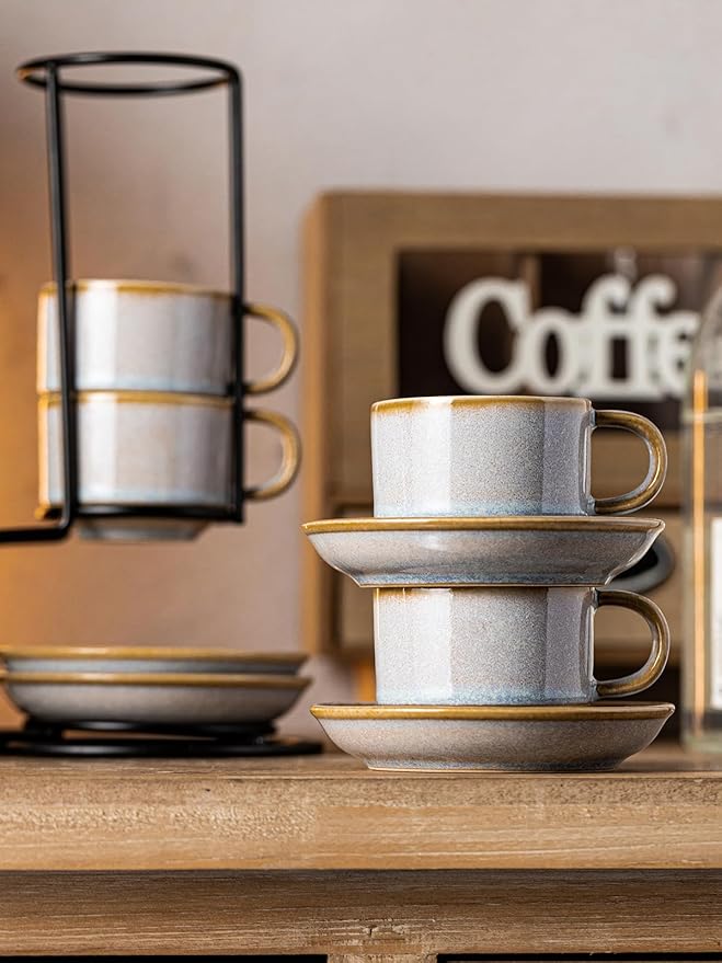 Gomakren 2.5 Ounce Espresso Cups Set of 4, Small Stackable Coffee Cups with Saucers and Metal Stand, Halloween Porcelain Demitasse Cups for Specialty Coffee Drinks, Espresso, Cappuccino, Latte, Gray