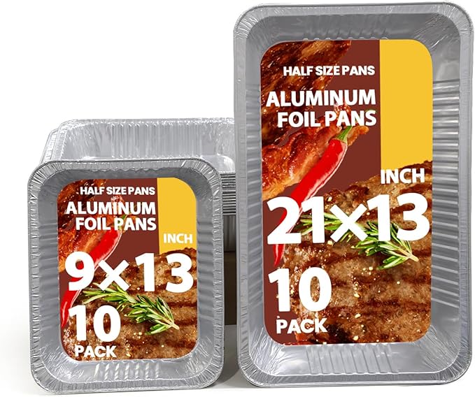 Aluminum Foil Pans 20 Pack, 9x13 10 Pack, 21x13 10 Pack, Disposable Full Size Large & Small Food Containers for Roasting, Restaurants, Cooking, Heating, Buffets
