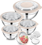 E-far Mixing Bowls Set of 5, Stainless Steel Salad Mixing Bowl with Transparent Lid, Metal Nesting Bowl Attach with 3 Graters for Kitchen Prepping/Serving/Baking/Storage, 4.6/2.6/1.5/1/0.7 QT - Khaki