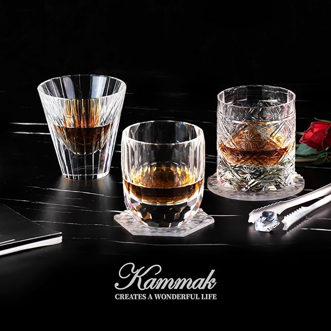 KAMMAK Old Fashioned Crystal Whiskey Glasses Set of 2, 8.45 oz (250 ml) Handmade Thick Base Tumbler with Delicate Rim & Seamless Design for Scotch, Bourbon, Cocktails, Lead-Free Barware