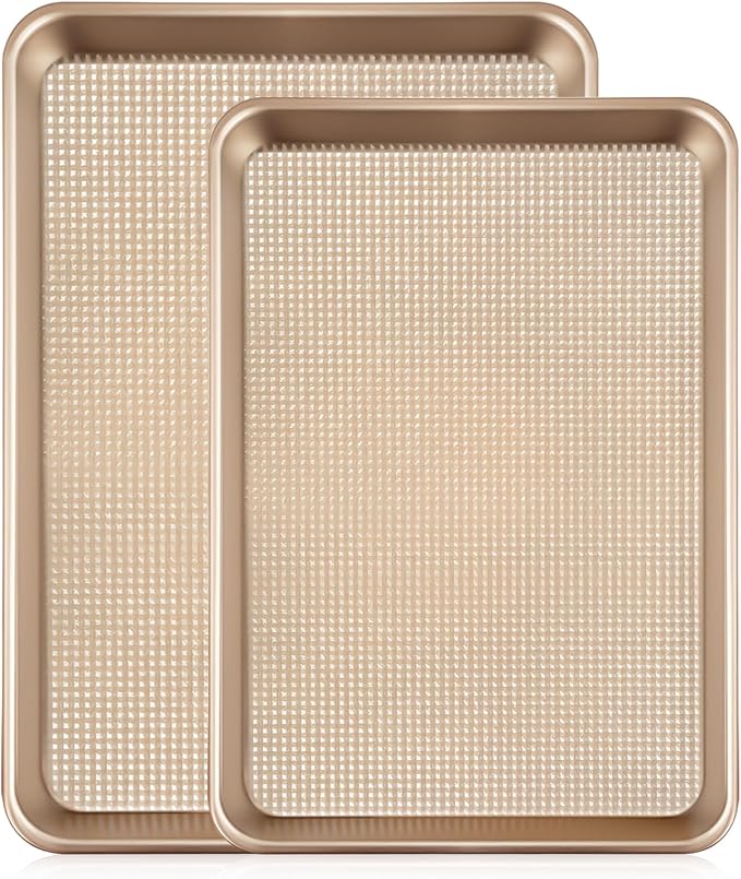 Vinino Baking Sheet Set of 2, Cookie Sheets For Baking with Square Texture Pattern, Thicker Carbon Steel Non-stick Baking Pan Quarter/Jelly Roll Pans Tray for Oven 15-GD