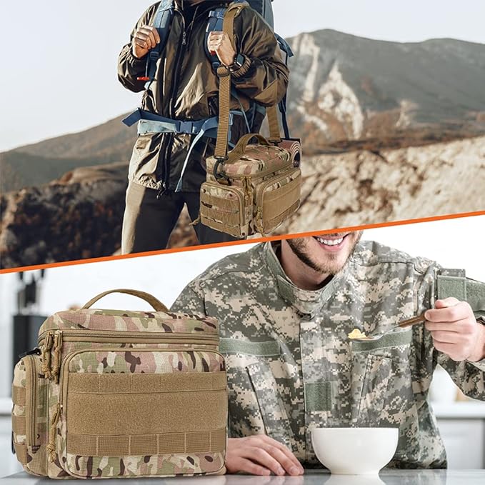 opux Tactical Lunch Box for Men, Camo Mens Insulated Lunch Bag for Adult, Leakproof Soft Lunch Cooler with MOLLE Mesh Side Pockets, Multicam Heavy Duty Lunchbox Pail for Work Women, Large, 18 Cans
