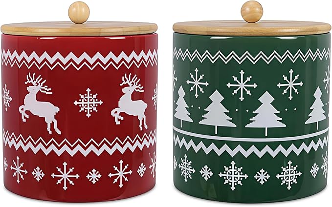 Young's Ceramic Treat Jar with Wooden Lid, Christmas Theme Evergreen Lane Goodie Jar, Decorative Storage Canister for Cookies Treats Snacks, Set of 2
