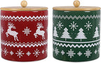 Young's Ceramic Treat Jar with Wooden Lid, Christmas Theme Evergreen Lane Goodie Jar, Decorative Storage Canister for Cookies Treats Snacks, Set of 2