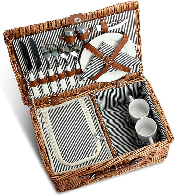 Picnic Basket for 2, Willow Hamper Set with Insulated Compartment, Handmade Large Wicker Picnic Basket Set with Utensils Cutlery - Perfect for Picnic, Camping, or Any Other Outdoor