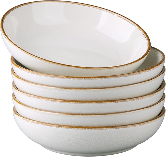 AmorArc 8.5'' Large Pasta Bowls, 36oz Ceramic Salad Serving Bowls Set of 6 for Kitchen, Wide Stoneware Bowls for Pasta,Salad,Fruit,Bread, Microwave Safe, Reactive-Pearl White