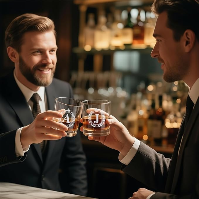 Whiskey Glasses - Rocks Old Fashioned Glass Gifts for Men, Monogrammed A-Z 10oz Personalized Whisky Glasses, Christmas Birthday Gifts for Men Him Dad Father Husband Brother Son (J)